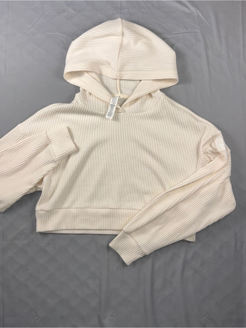 Alo Yoga Hoodie Womens Small White Rib Knit Cropped Pullover Logo Sweatshirt
